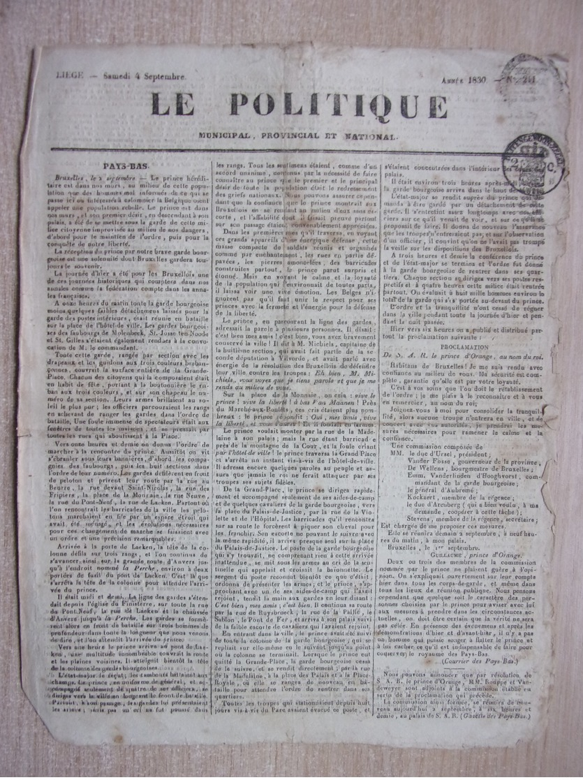 1830 - Liège - Le Politique Municipal, Provincial Et National - 04 Septembre 1830 - Non Classés