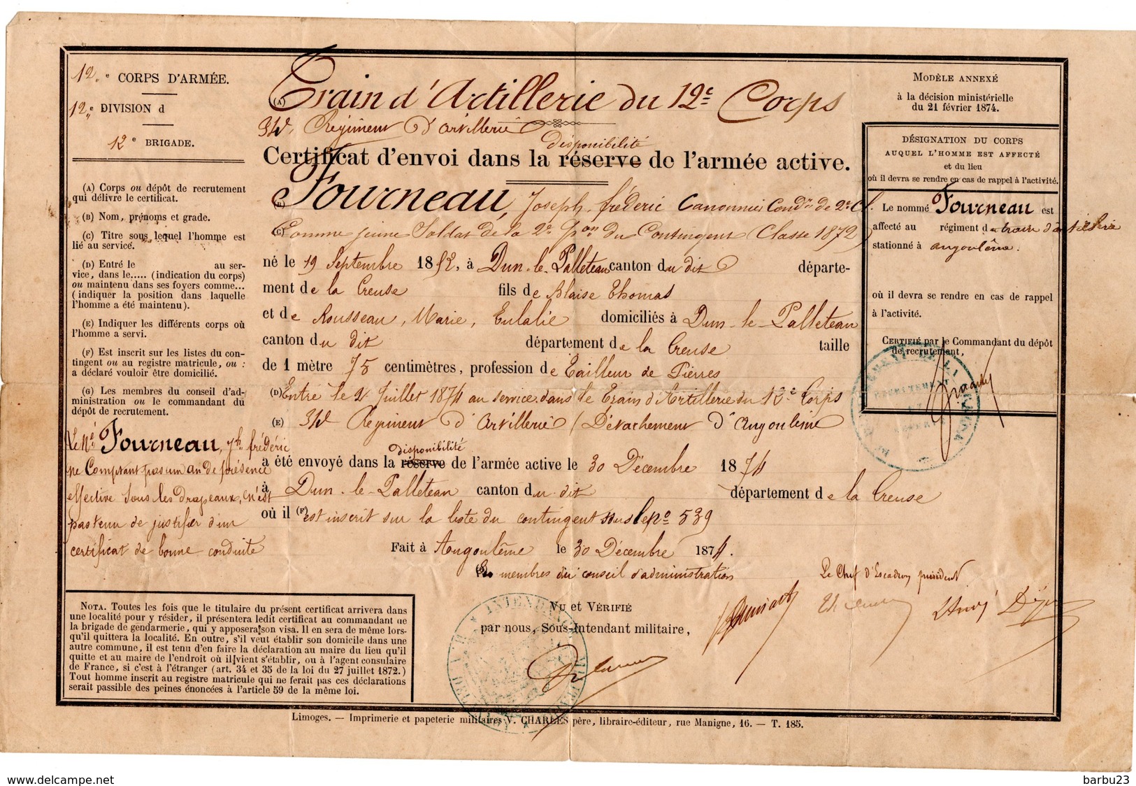 Livret Militaire Classe 1872 - 34è Régiment D'Artillerie Contient Certificat D'envoi Dans La Reserve - Documents