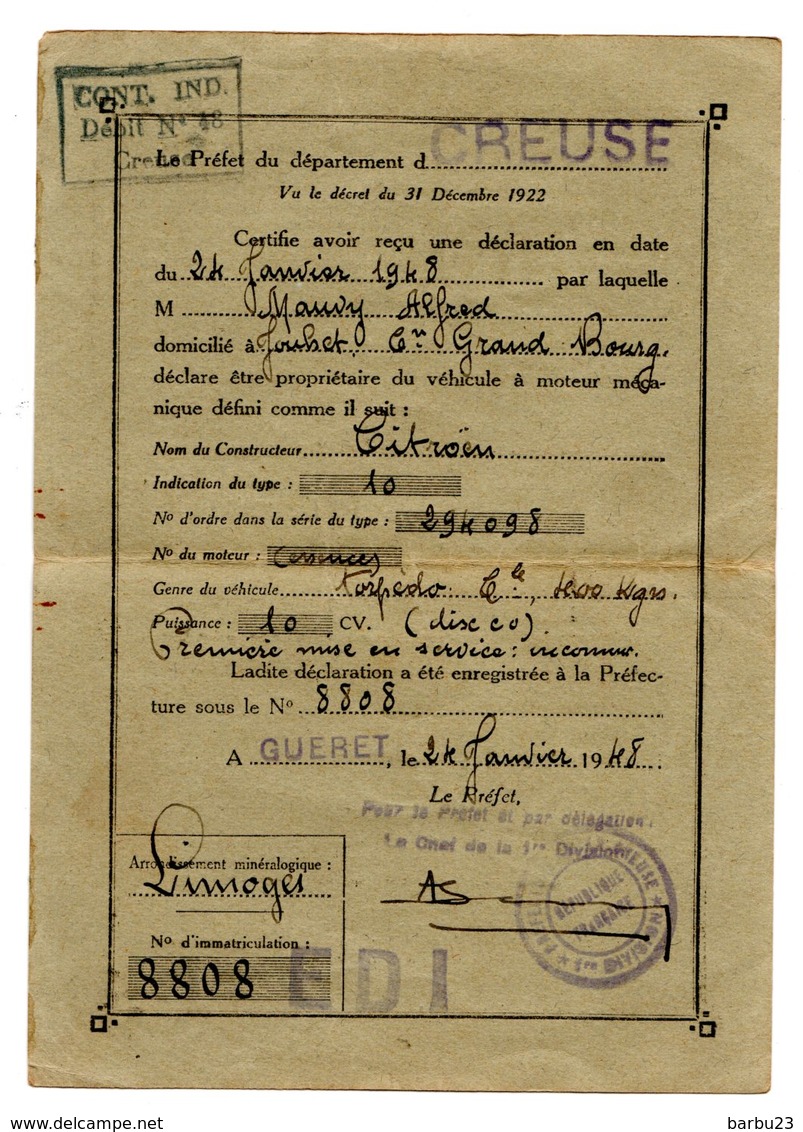 Carte Grise Recepissé De Declaration 1948 Creuse Pour Une Citroen Type 10 Torpedo 10CV - Unclassified