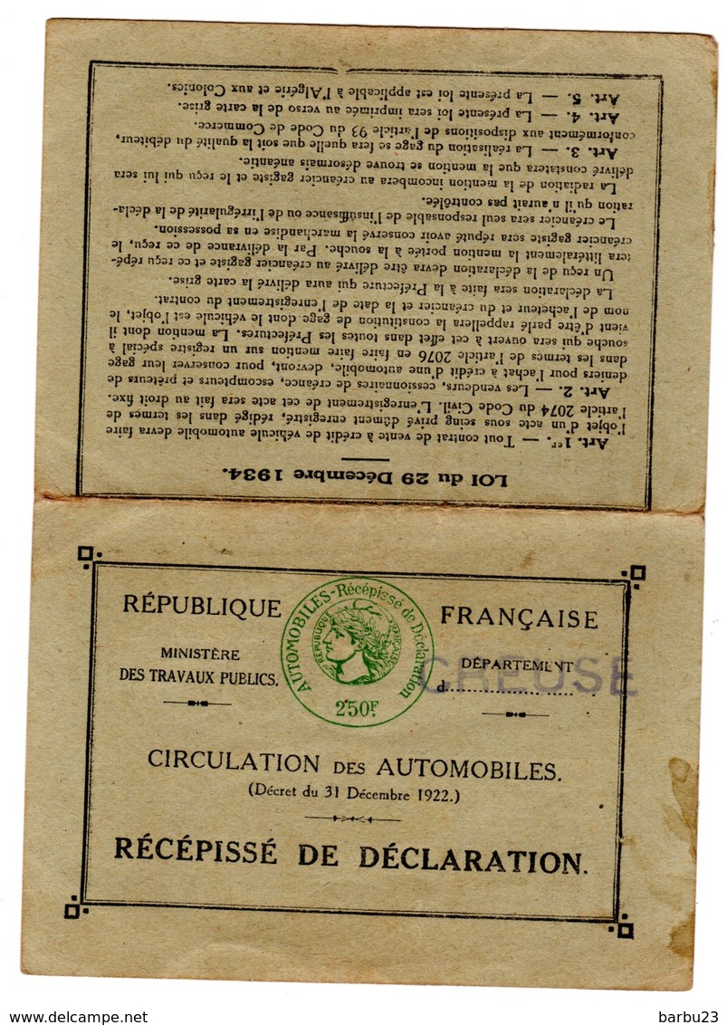 Carte Grise Recepissé De Declaration 1948 Creuse Pour Une Citroen Type 10 Torpedo 10CV - Non Classés