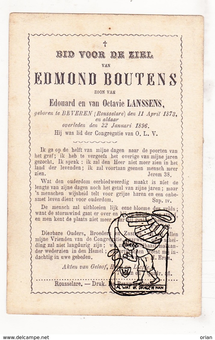 DP Edmond Boutens / Lanssens 22j. ° Beveren Roeselare 1873 † 1896 - Images Religieuses