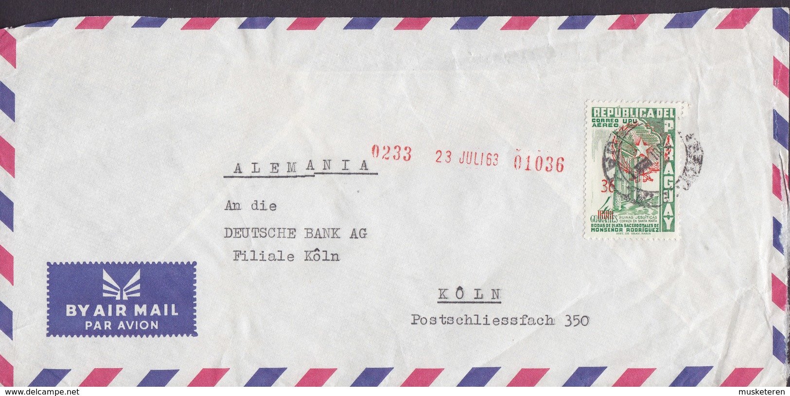 Paraguay Air Mail Par Avion ASUNCIÓN 1963 Cover Letra DEUTSCHE BANK, KÖLN Germany Rotem Aufdruck Neuen Wert - Paraguay