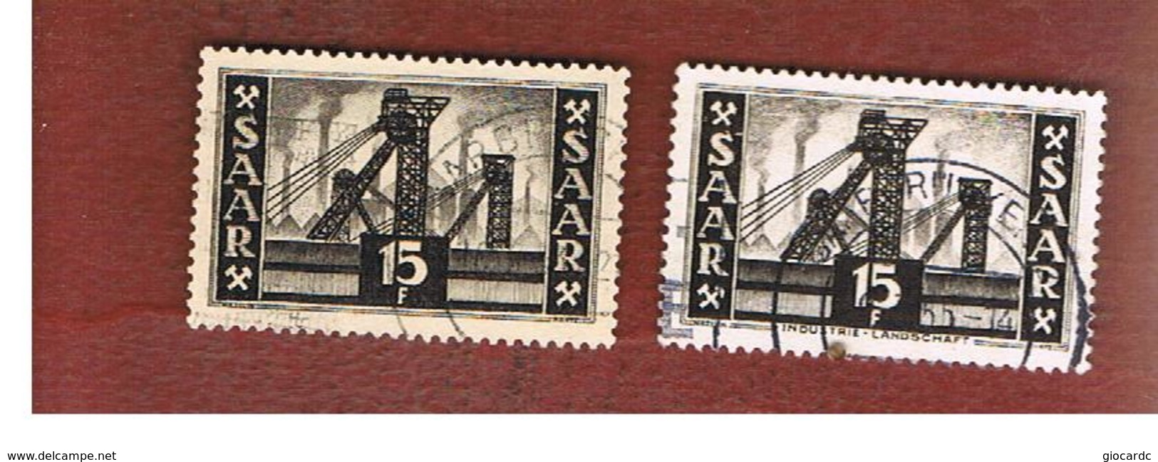 SAAR (SARRE) - SG 324.325 - 1952.1953 COLLIERY SHAFTHEAD 15 BROWN (2 STAMPS WITH & WITHOUT INSCRIZ.)  - USED - Usati