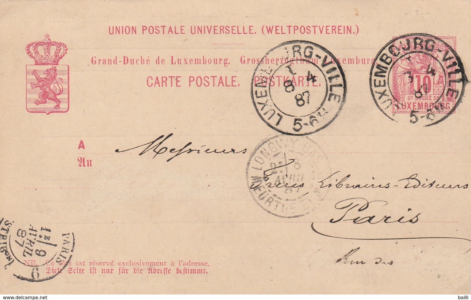 Luxembourg Entier Postal Pour La France 1887 - Stamped Stationery