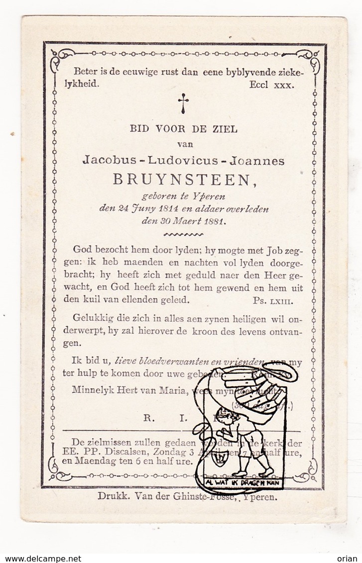 DP Jacobus Ludovicus J. Bruynsteen ° Ieper 1814 † 1881 - Images Religieuses