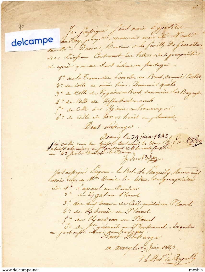 DOCUMENT ANCIEN  - AURAY 1843 -  Reçu De Titres De Propriétés - - Manuskripte