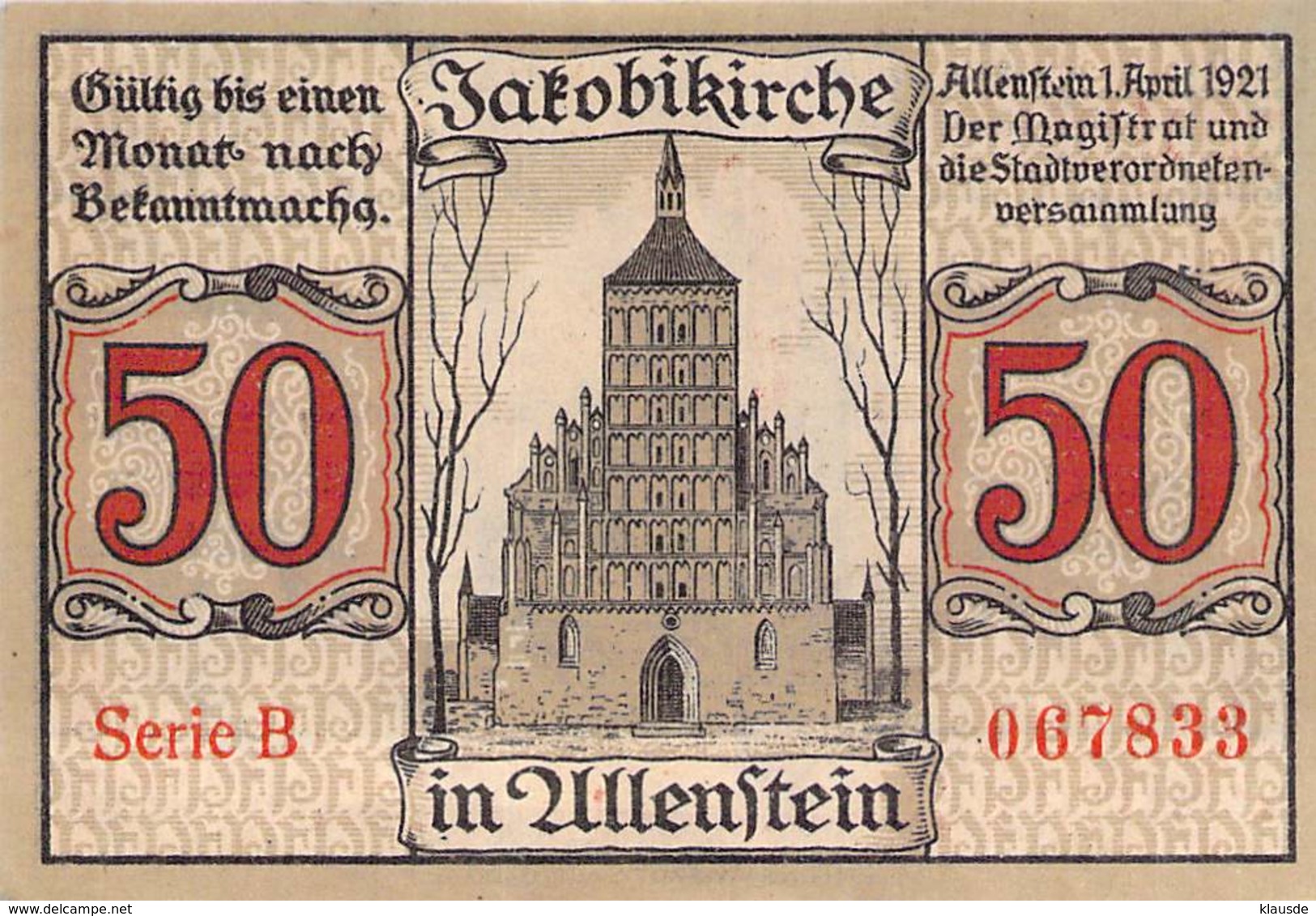 50 Pfg. Notgeld Allenstein UNC (I) - Lokale Ausgaben