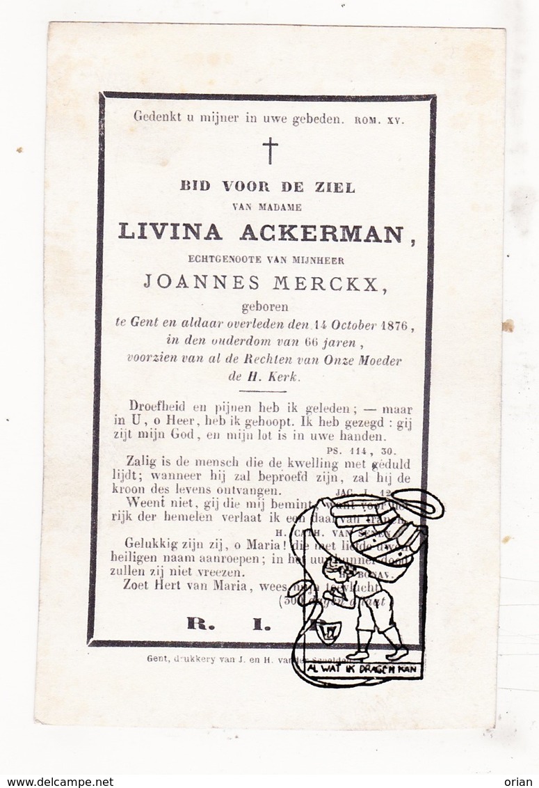 DP Livina Ackerman ° Gent 1810 † 1876 X Joannes Merckx - Images Religieuses