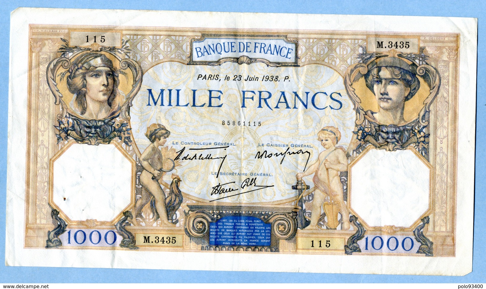 1000 FRANCS 1938 P - 1 000 F 1927-1940 ''Cérès Et Mercure''