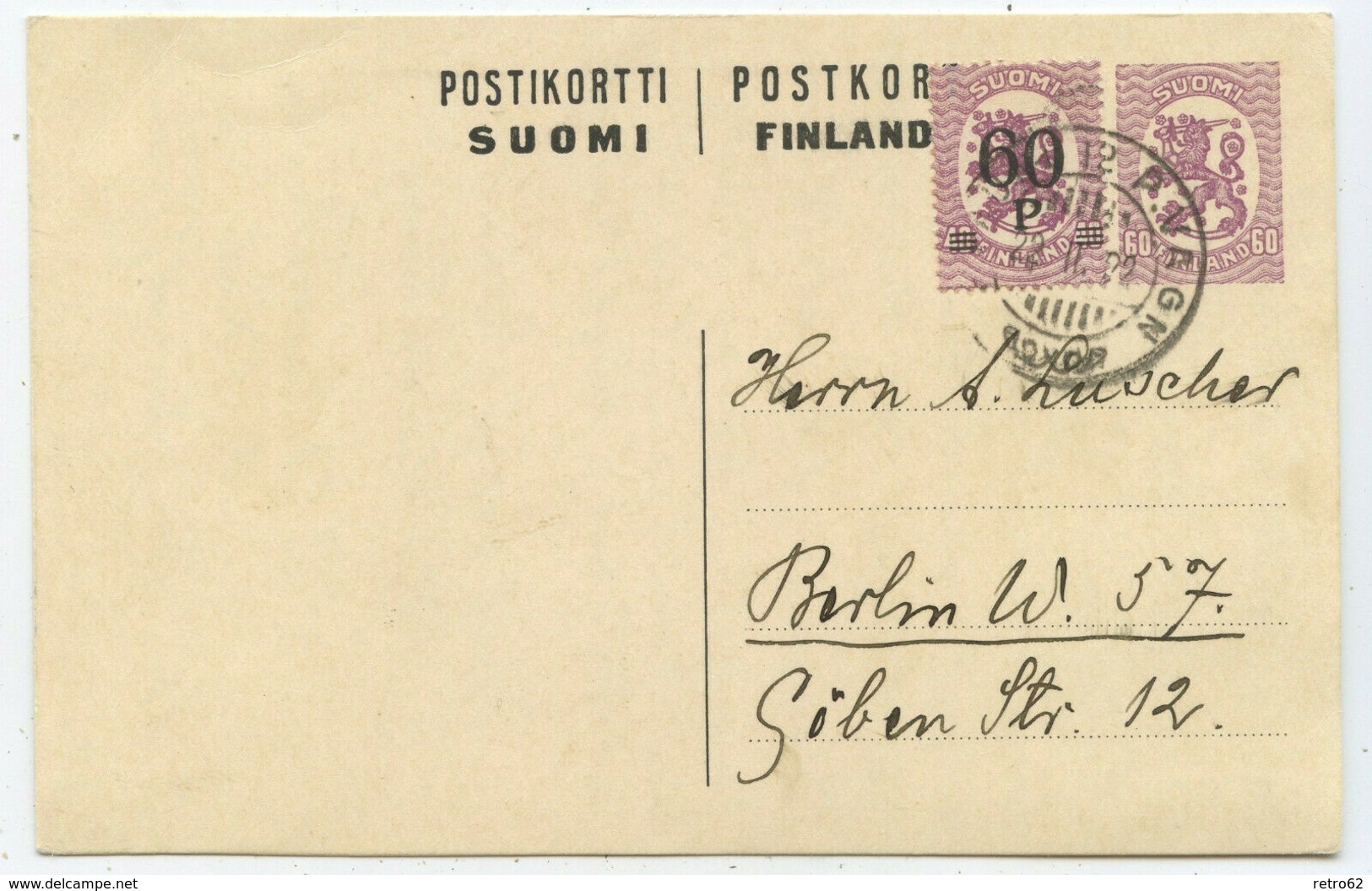 Finnland GA ZuF Postkarte Bahnpost 1922 Pori Berlin - Brieven En Documenten