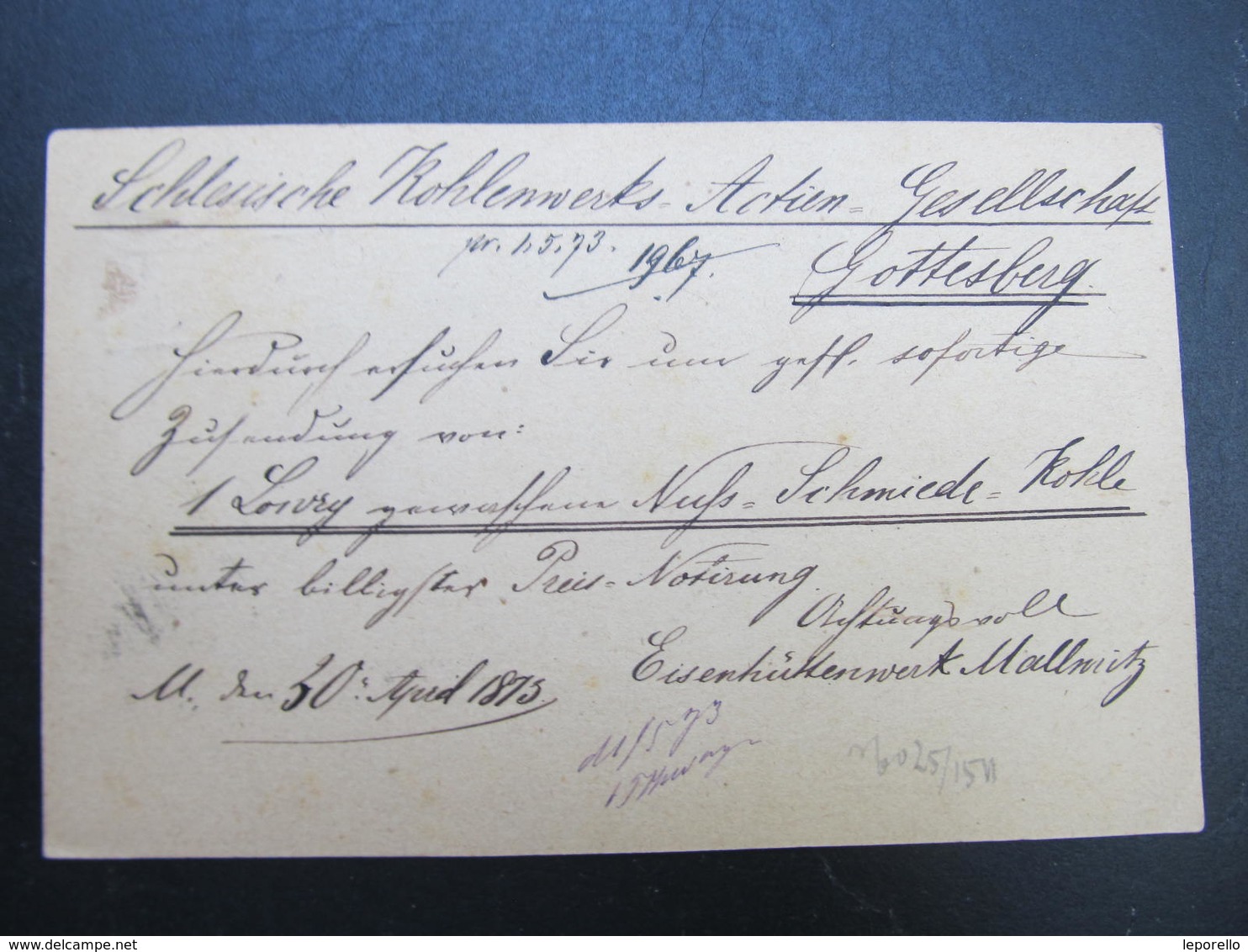 GANZSACHE Mallmitz Malomice Sagan - Gottesberg 1873 Korrespondenzkarte  /// D*38782 - Briefe U. Dokumente
