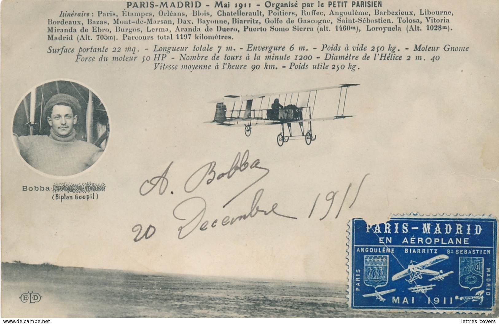 BOBBA CP " PARIS MADRID MAI 1911 Organisé PETIT PARISIEN Biplan Goupil Signature Autographe + Vignette - Aviateurs