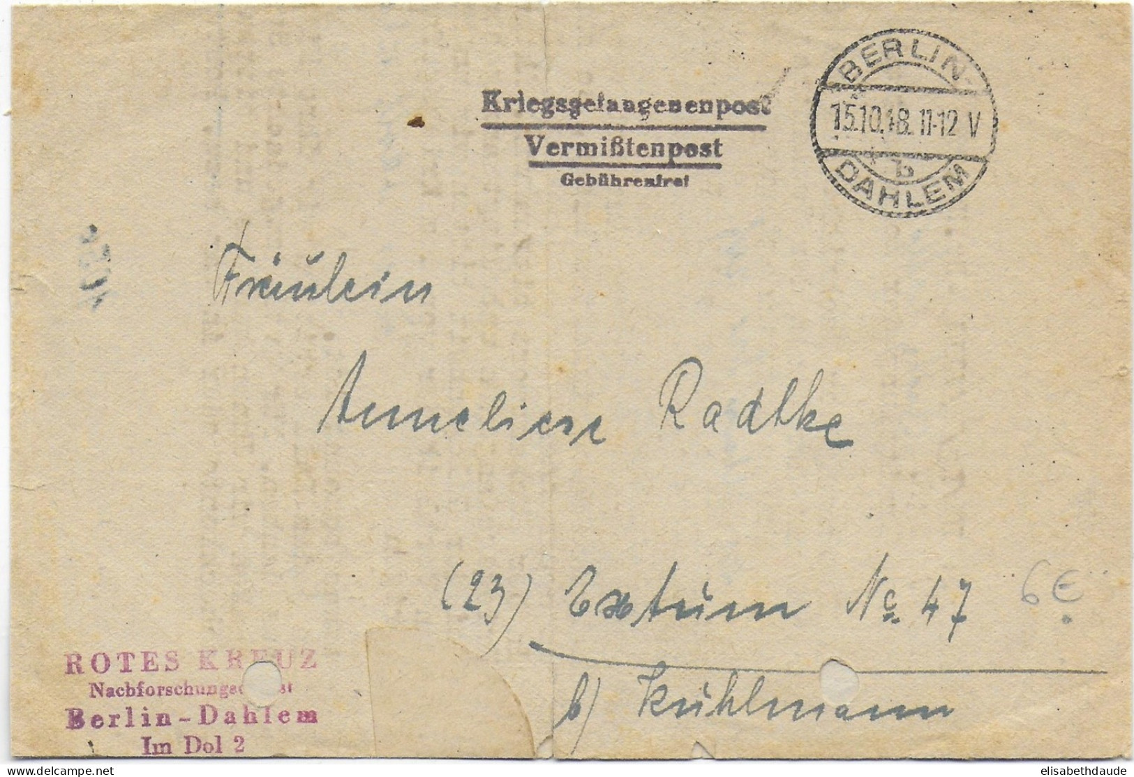 KRIEGSGEFANGENENPOST - CROIX-ROUGE / RECHERCHE Des DISPARUS - 1948 - LETTRE D'INFORMATION De BERLIN DAHLEM - Courriers De Prisonniers