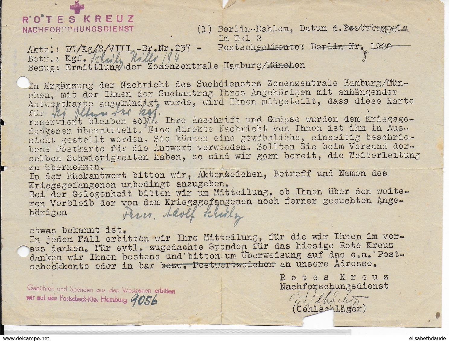 KRIEGSGEFANGENENPOST - CROIX-ROUGE / RECHERCHE Des DISPARUS - 1948 - LETTRE D'INFORMATION De BERLIN DAHLEM - Courriers De Prisonniers