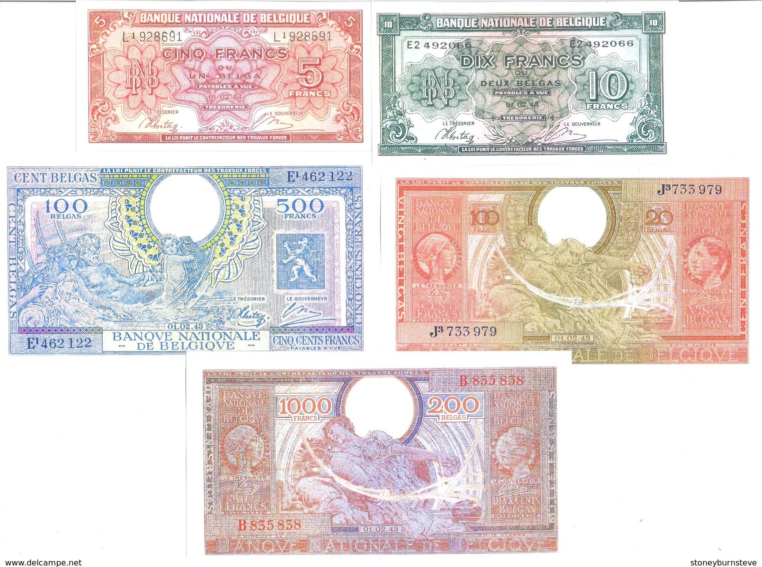 Belgium 5 Note Set 1943 COPY - Colecciones