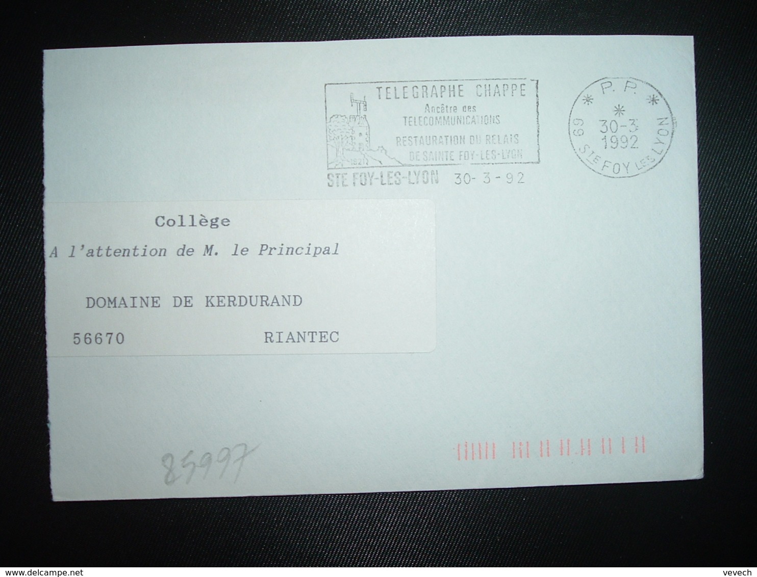 LETTRE PORT PAYE OBL.MEC.30-3 1992 PP 69 STE FOY LES LYON + TELEGRAPHE CHAPPE - Oblitérations Mécaniques (Autres)