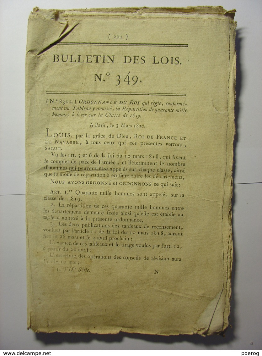 BULLETIN DES LOIS 1820 - REPARTITION SOLDATS CLASSE DE 1819 - LEGS LORGUES LANNEMEZAN AIRE CHEPPY MESSEIX SAINT DIE - Decretos & Leyes