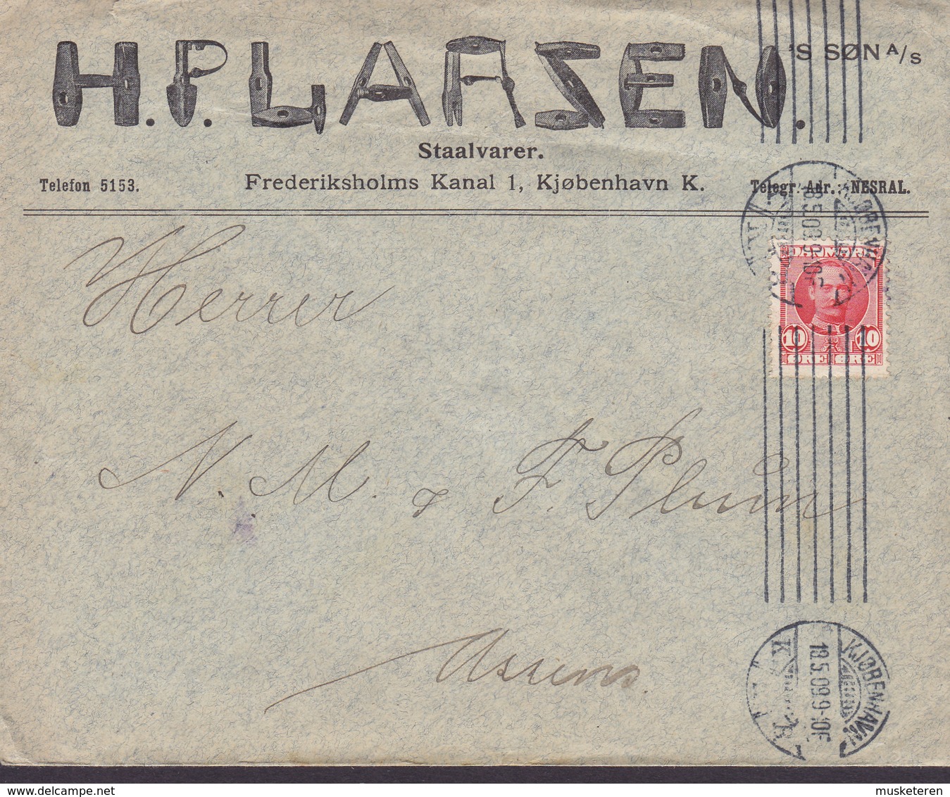 Denmark H. P. LARSEN Staalvarer Frederiksholms Kanal 1, Tms. Cds. KJØBENHAVN K. 1909 Cover Brief ASSENS (Arr.) Fr. VIII. - Briefe U. Dokumente