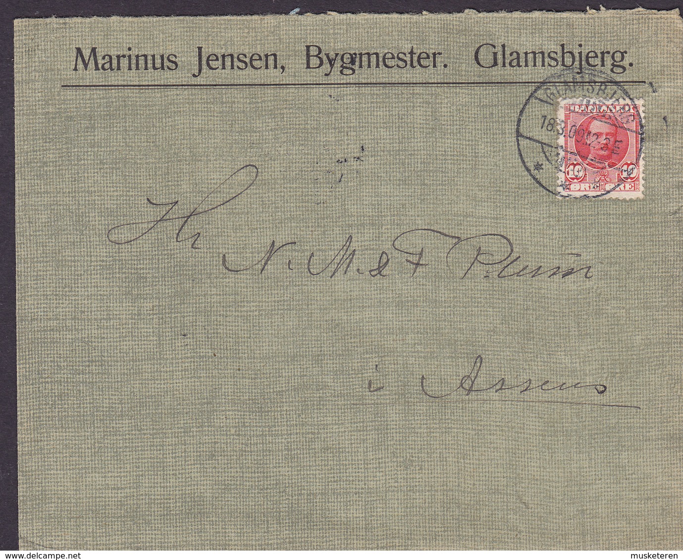 Denmark MARINUS JENSEN, Bygmester, Brotype Ia GLAMSBJERG 1909 Cover Brief ASSENS (Arr.) Fr. VIII. Stamp - Briefe U. Dokumente