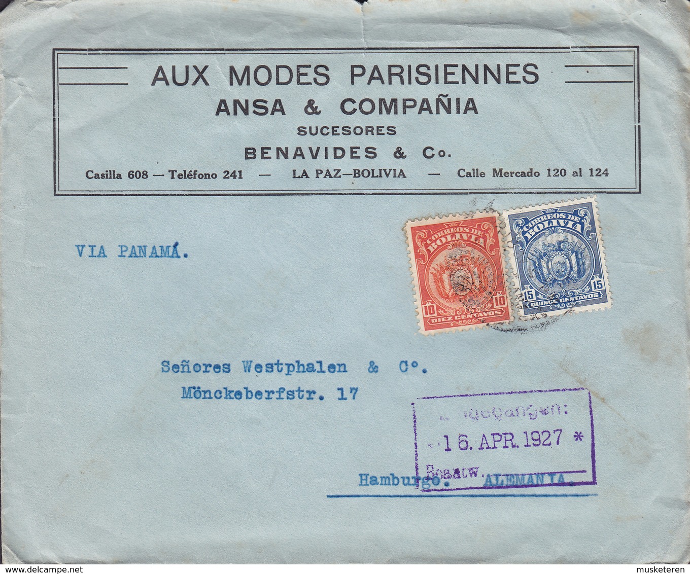 Bolivia AUX MODES PARISIENNES Ansa & Compañä BENAVIDES & Co., LA PAZ 1927 Cover Letra HAMBURG Germany 2x Wappen - Bolivien