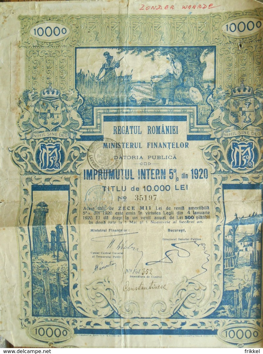 Regatul Romaniei Ministrul Finantelor 1920 ( Aandeel Obligation Action ) - Banque & Assurance