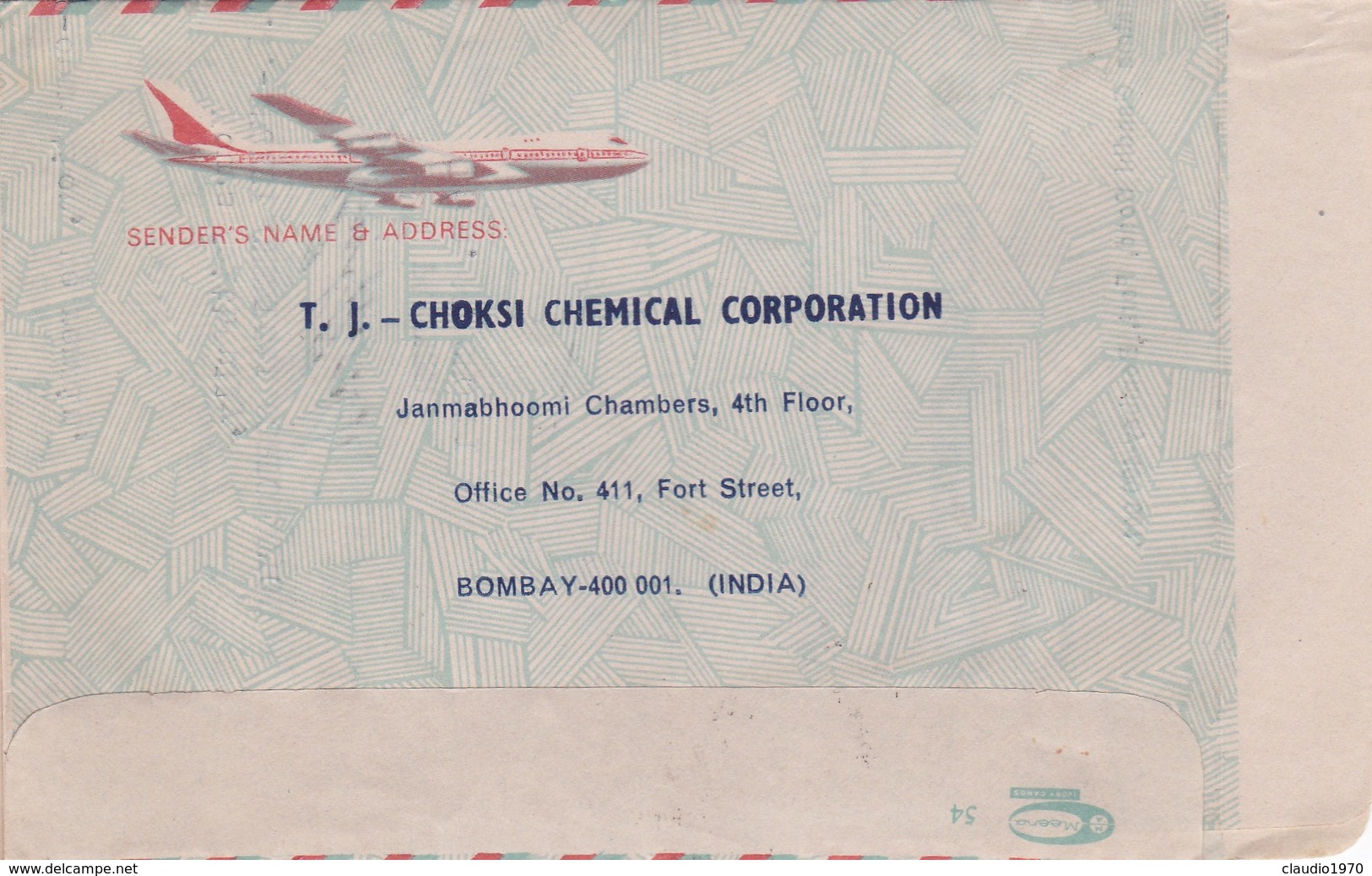 AEROGRAMME - INDIA BOMBAY - T.J.- CHOKSICHEMICAL CORPORATION - VIAGGIATO PER  MILANO  LARK S.P.A / ITALIA - Storia Postale