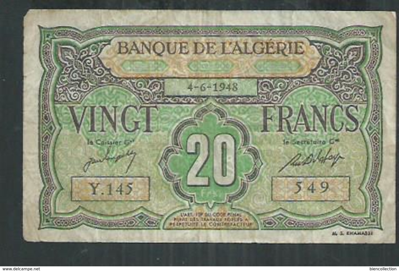 Banque De L'Algérie  20 Francs Du 4/6/1948 - Algerije