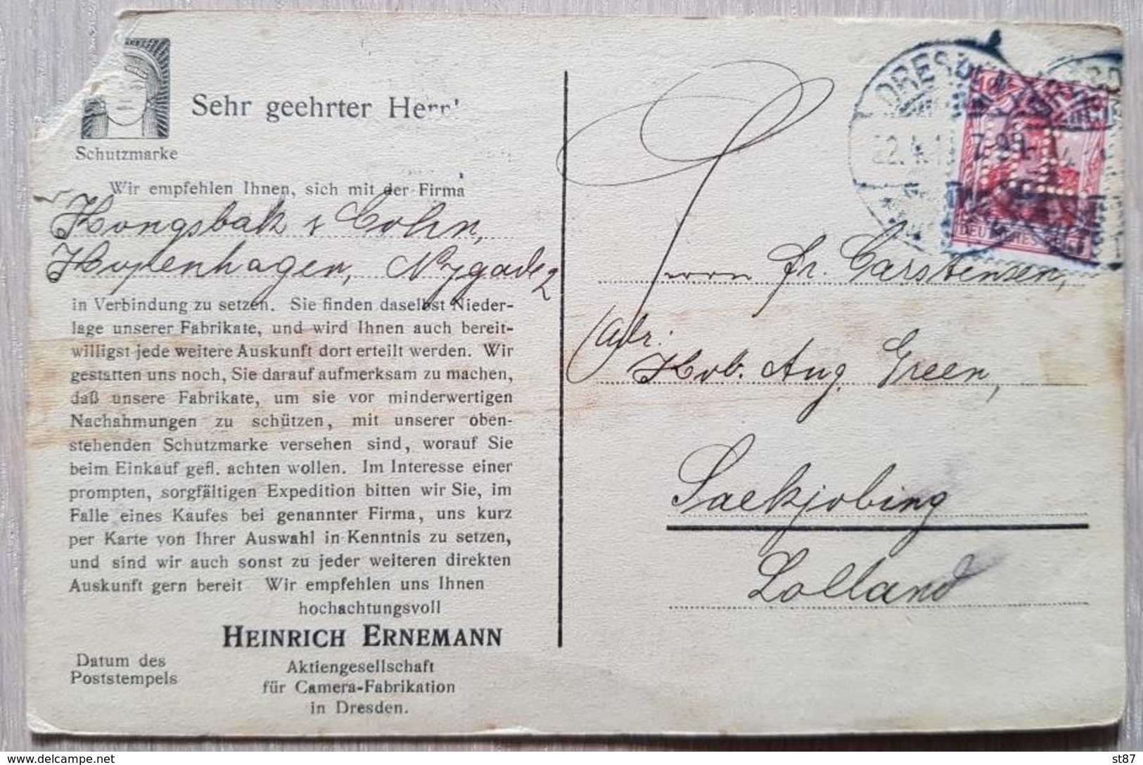 Germany Dresden 1911 Perfin Lolland - Sonstige & Ohne Zuordnung