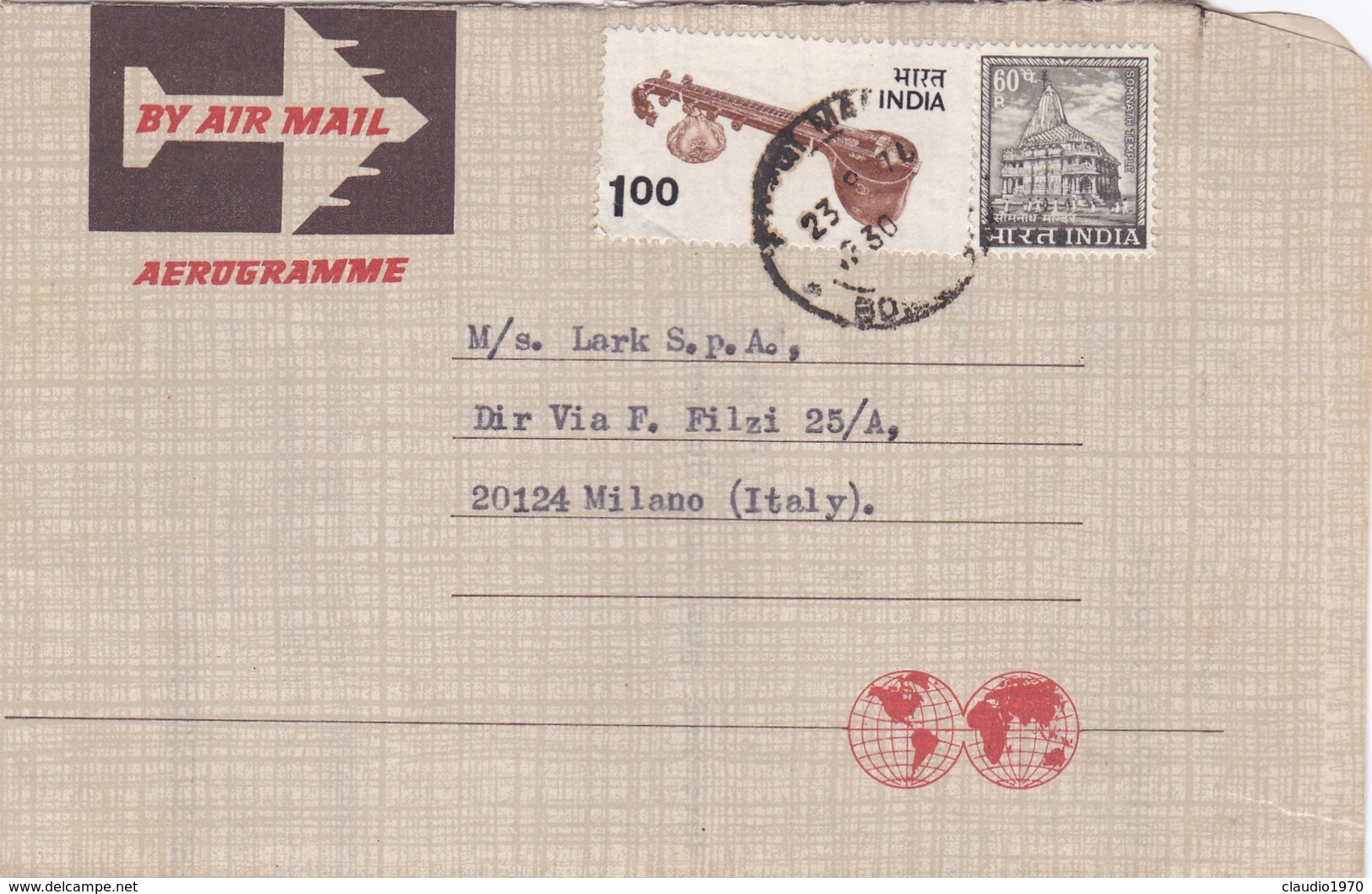 AEROGRAMME - INDIA BOMBAY - B.M. CORPORATION -  MANUFACRERS - VIAGGIATO PER  MILANO  LARK S.P.A / ITALIA - Storia Postale