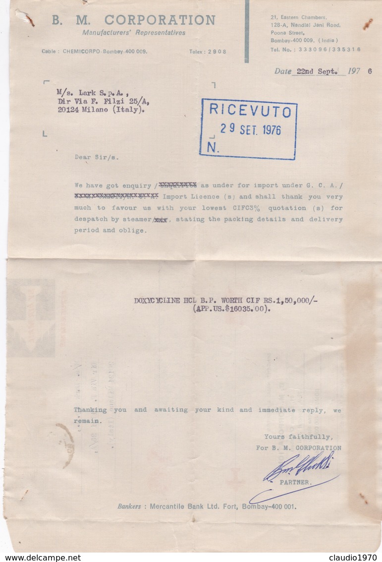 AEROGRAMME - INDIA BOMBAY - B.M. CORPORATION -  MANUFACRERS - VIAGGIATO PER  MILANO  LARK S.P.A / ITALIA - Storia Postale