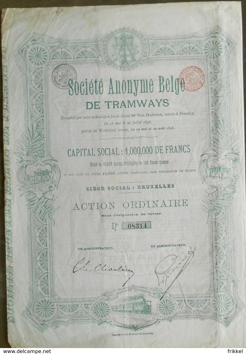 Société Anonyme Belge De Tramways TRAM 1896 ( Aandeel Obligation Action ) - Chemin De Fer & Tramway