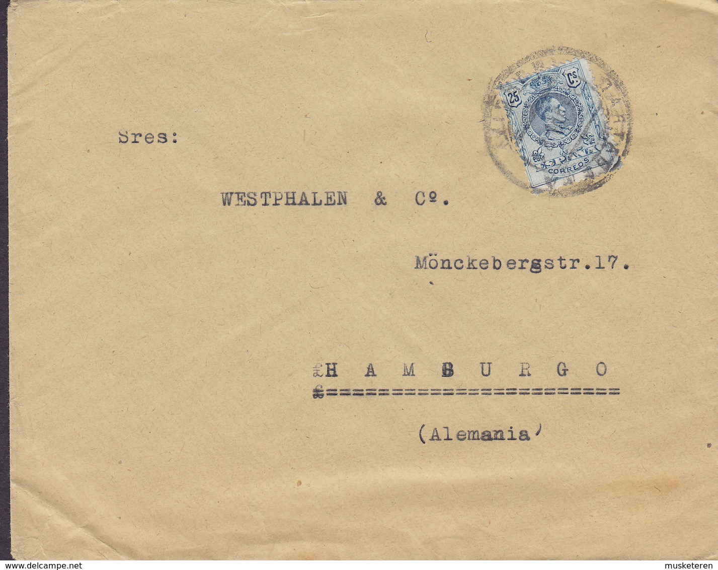 Spain FULGENCIO MADRID, CARTAGENA  192? Cover Brief HAMBURG Germany Single Alphonse XIII. - Briefe U. Dokumente