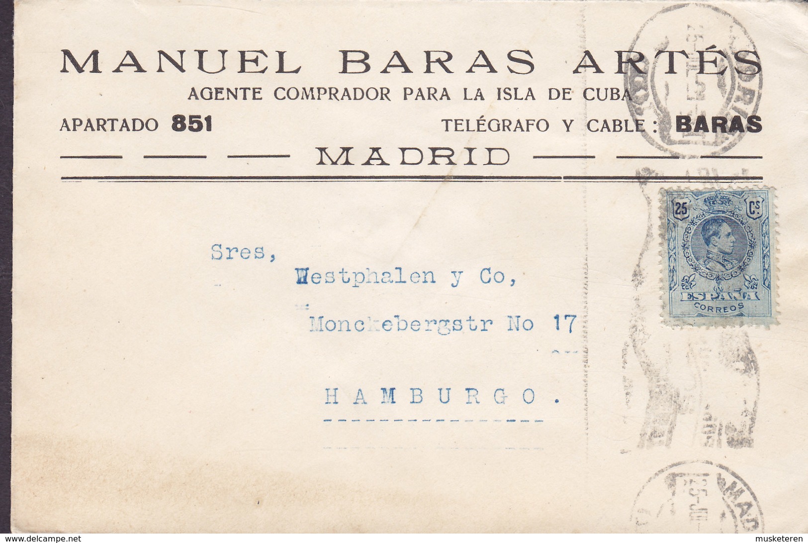 Spain MANUEL BARAS ARTÉS Agente Comprador Para Isla De Cuba MADRID 192? Cover Letra HAMBURG Germany Alphonse XIII. - Briefe U. Dokumente