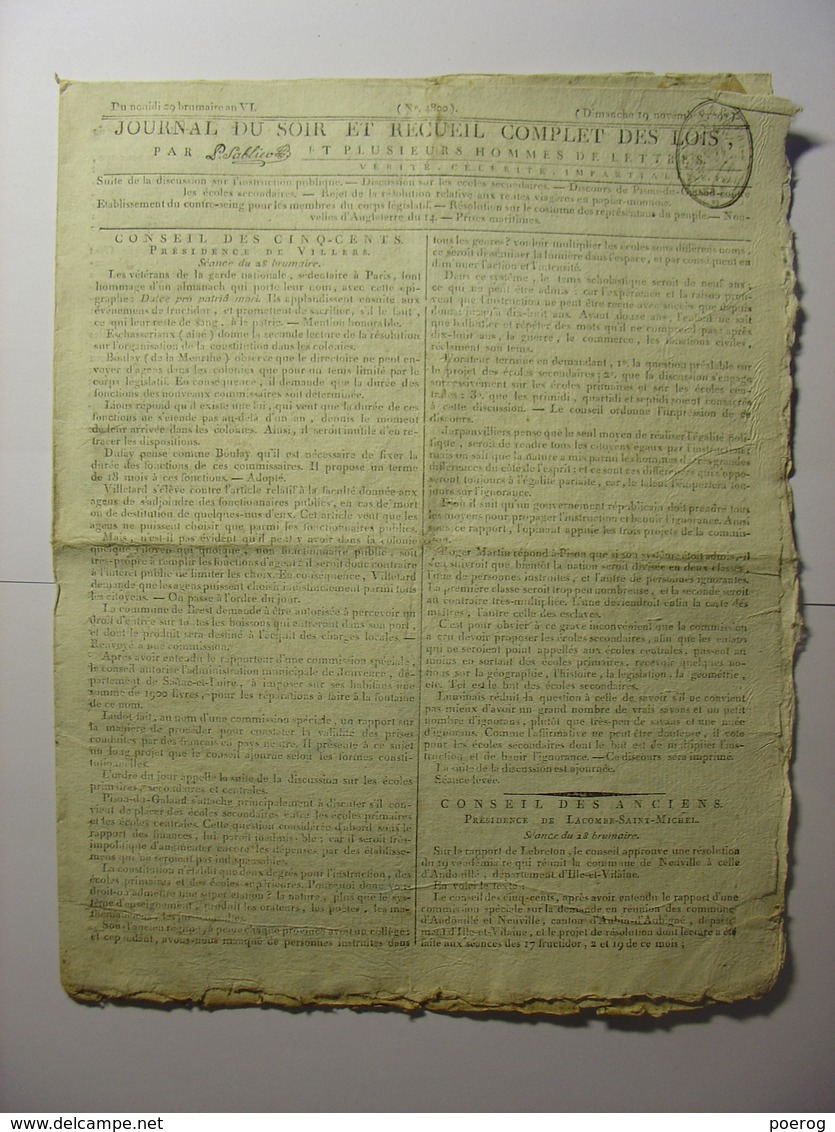 JOURNAL DU SOIR 19 NOVEMBRE 1797 - ECOLES SECONDAIRES - INSTRUCTION - COSTUMES REPRESENTANTS - PRISES MARITIMES MARINE - Gesetze & Erlasse