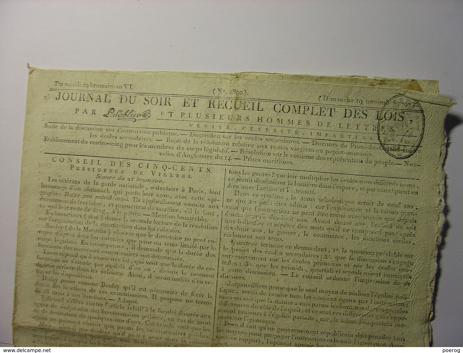 JOURNAL DU SOIR 19 NOVEMBRE 1797 - ECOLES SECONDAIRES - INSTRUCTION - COSTUMES REPRESENTANTS - PRISES MARITIMES MARINE - Decrees & Laws