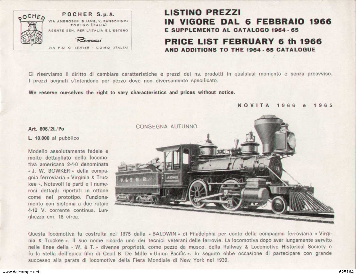 Catalogue POCHER 1964-65 Supplemento Al Catalogo Trains HO - Cannon - FIAT 130 1:32 + Price List LIT 6/2/1966 - English