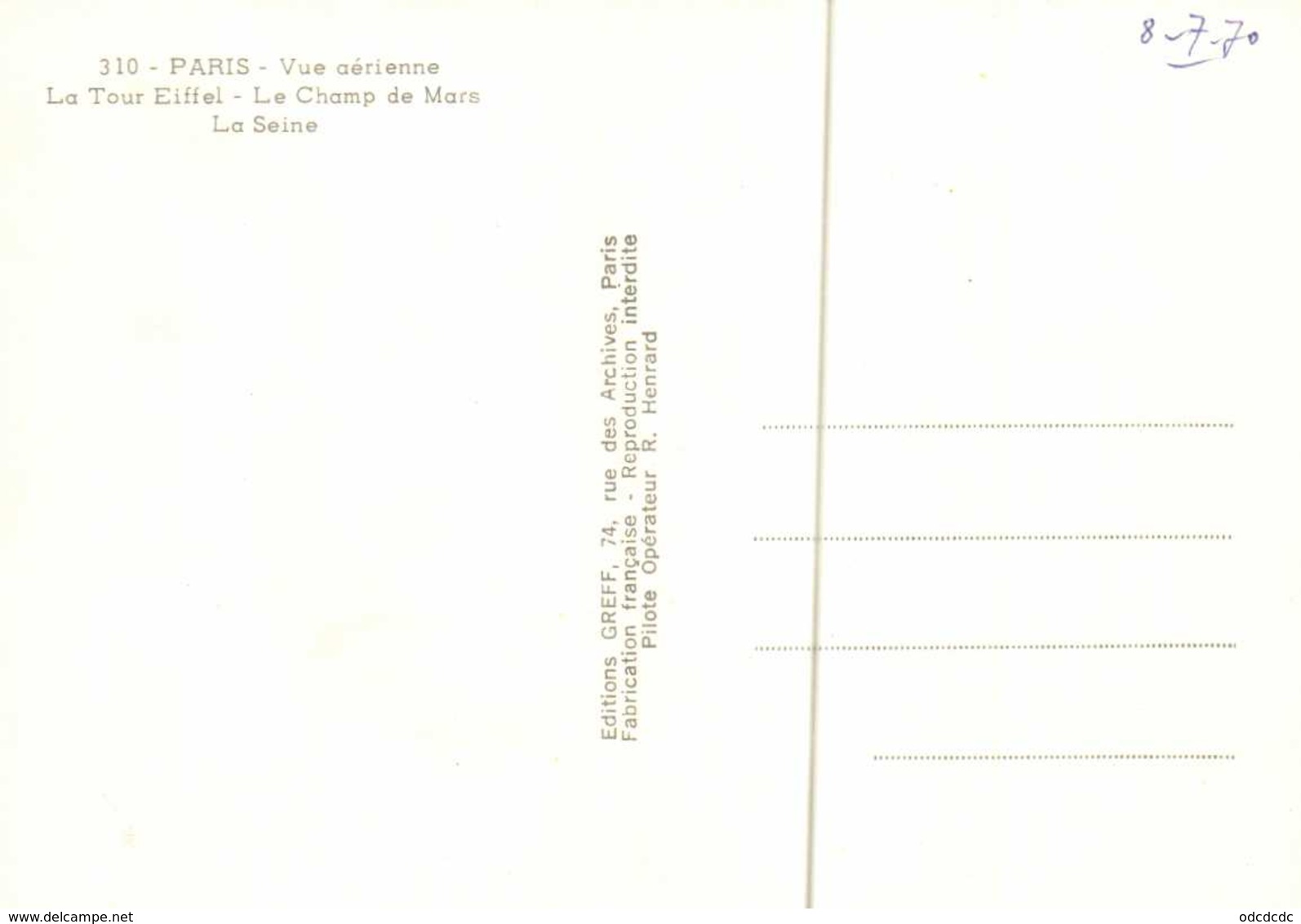 CPSM Grand Format PARIS  Vue Aérienne La Tour Eiffel Le Champ De Mars La Seine Pilote Operateur R  HENRARD RV Edit Greff - Notre Dame De Paris