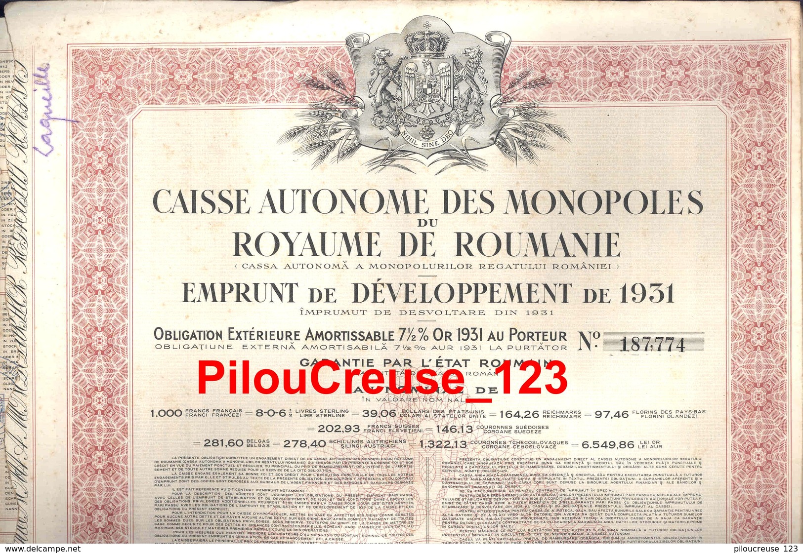 ROYAUME DE ROUMANIE - EMPRUNT CAISSE AUTONOME DES MONOPOLES - 3mprunt De 1931 - Avec Feuille De Coupons - 4 Scan - P - R