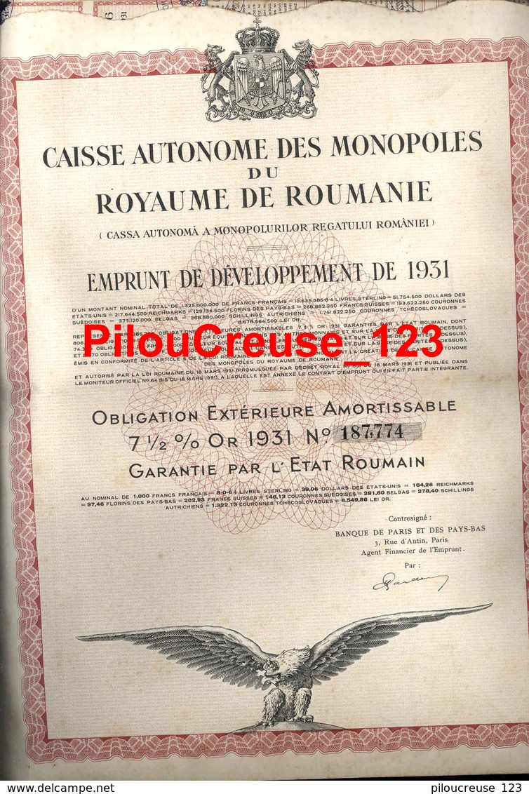 ROYAUME DE ROUMANIE - EMPRUNT CAISSE AUTONOME DES MONOPOLES - 3mprunt De 1931 - Avec Feuille De Coupons - 4 Scan - P - R