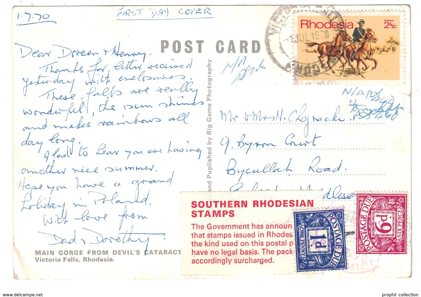 1970 - ETIQUETTE " SOUTHERN RHODESIAN STAMPS ... HAVE NO LEGAL BASIS " + TIMBRES TAXE POSTAGE DUE POST CARD - Taxe