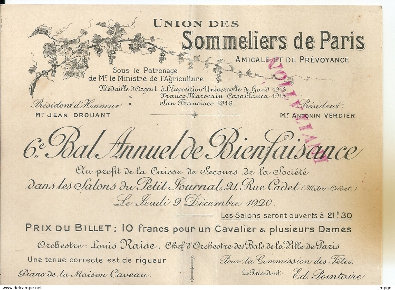 Carte D'Invitation Bal Annuel De Bienfaisance Union Des Sommeliers De Paris Salons Du Petit Journal Rue Cadet 1920 - Tickets - Vouchers