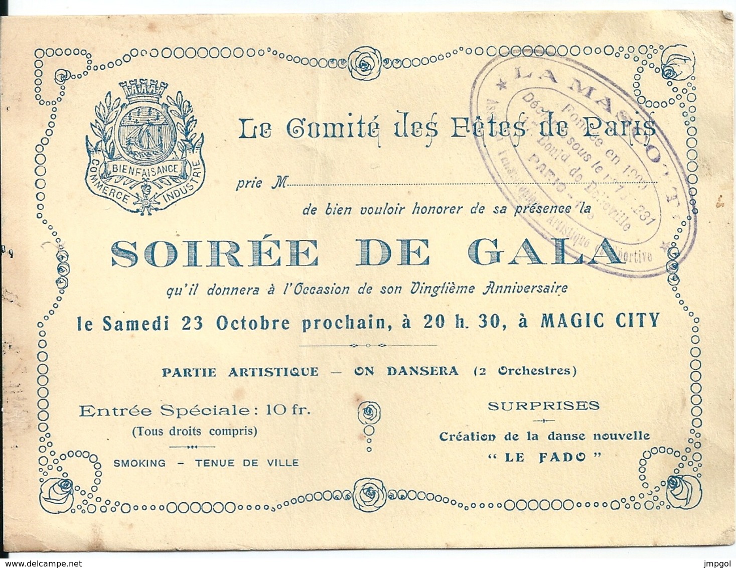 Carte D'Invitation Soirée De Gala Magic City Parc Attraction Paris Dancing 20 ème Anniversaire Comité Des Fêtes De Paris - Tickets - Vouchers