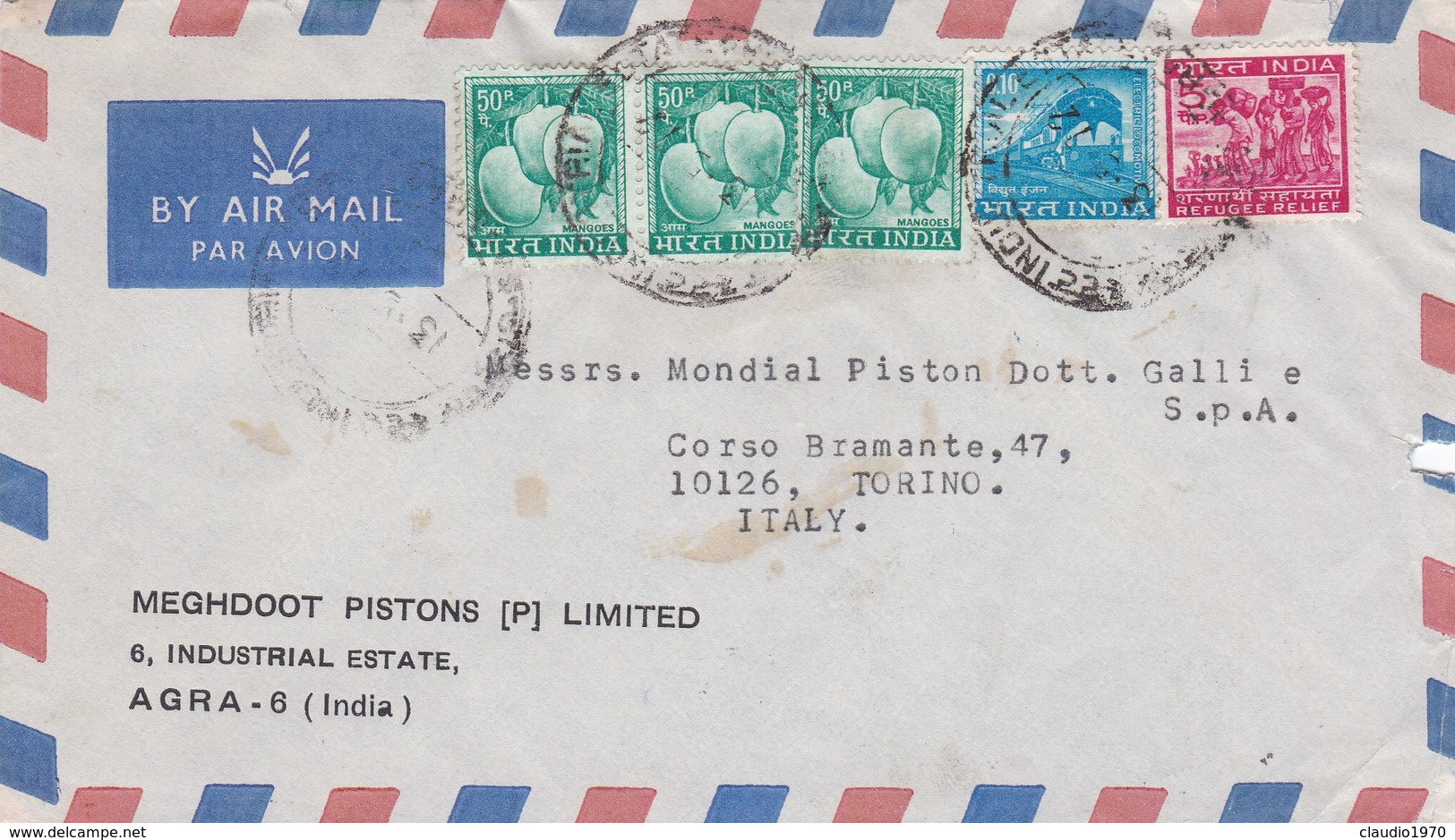 BUSTA VIAGGIATA AIR MAIL - INDIA - AGRA - MEGHDOOT PISTONS - VIAGGIATA PER MONDIAL PISTON  TORINO - ITALIA - Storia Postale