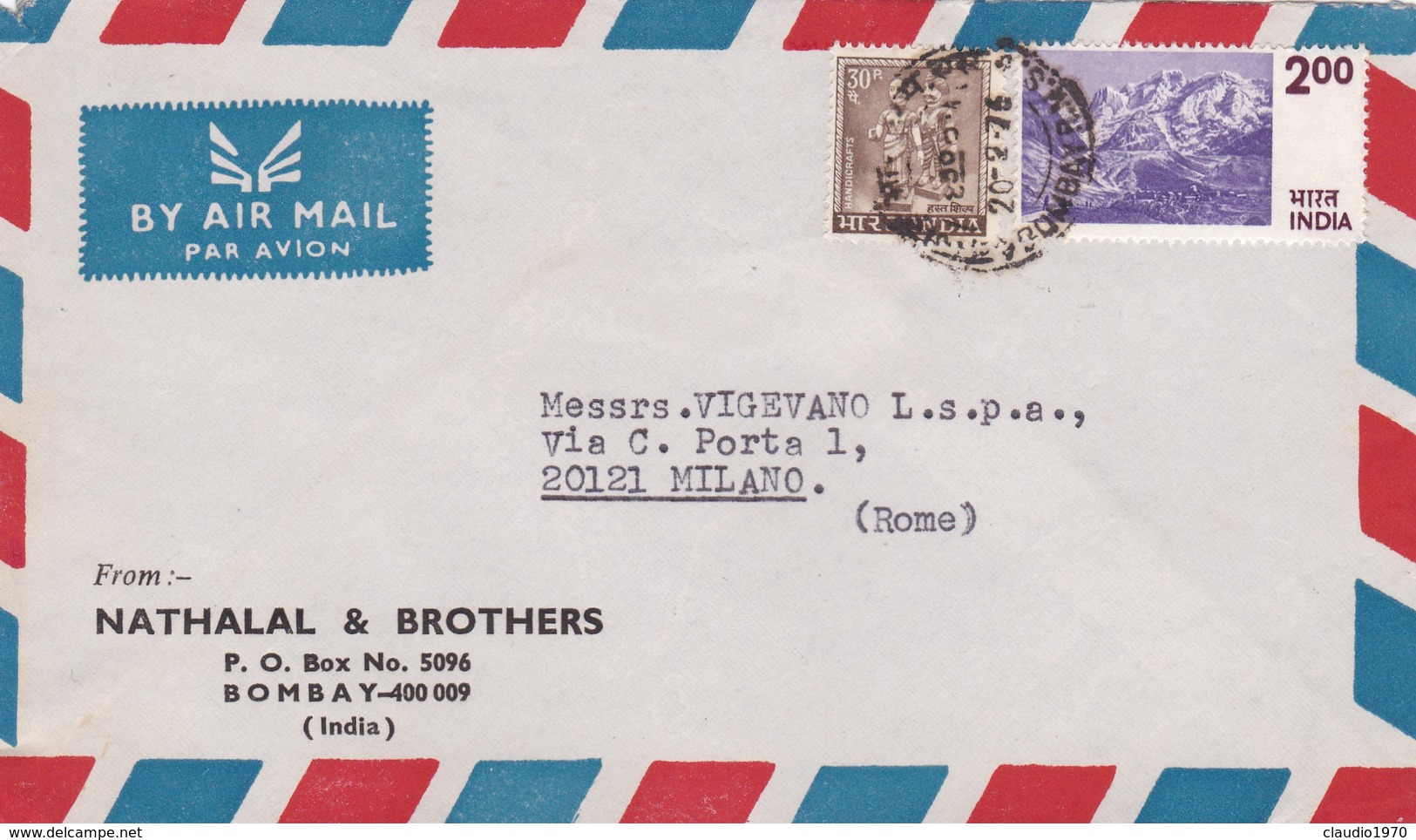 BUSTA VIAGGIATA AIR MAIL - INDIA - BOMBAY - NATHALAL E BROTHERS - VIAGGIATA PER - MILANO / ITALIA - Storia Postale