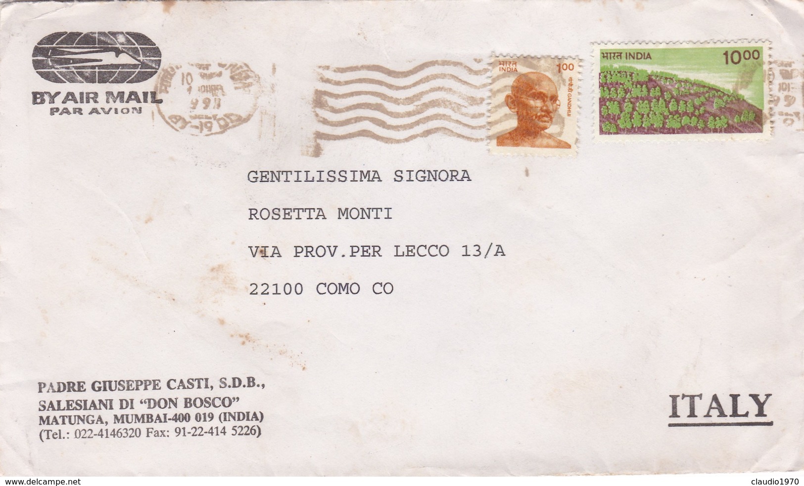 BUSTA VIAGGIATA AIR MAIL - INDIA  - PAPRE GIUSEPPE CASTI , SALESIANI DI DON BOSCO - VIAGGIATA PER - COMO / ITALIA - Storia Postale