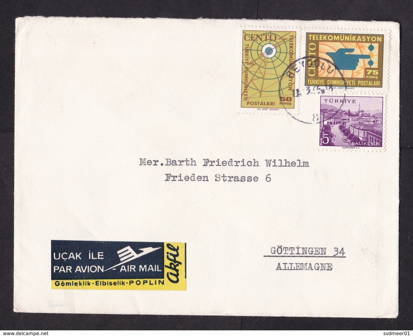 Turkey: Airmail Cover To Germany, 1966, 3 Stamps, Telecommunication, Telecom, Advertorial Akfil Air Label (minor Crease) - Brieven En Documenten