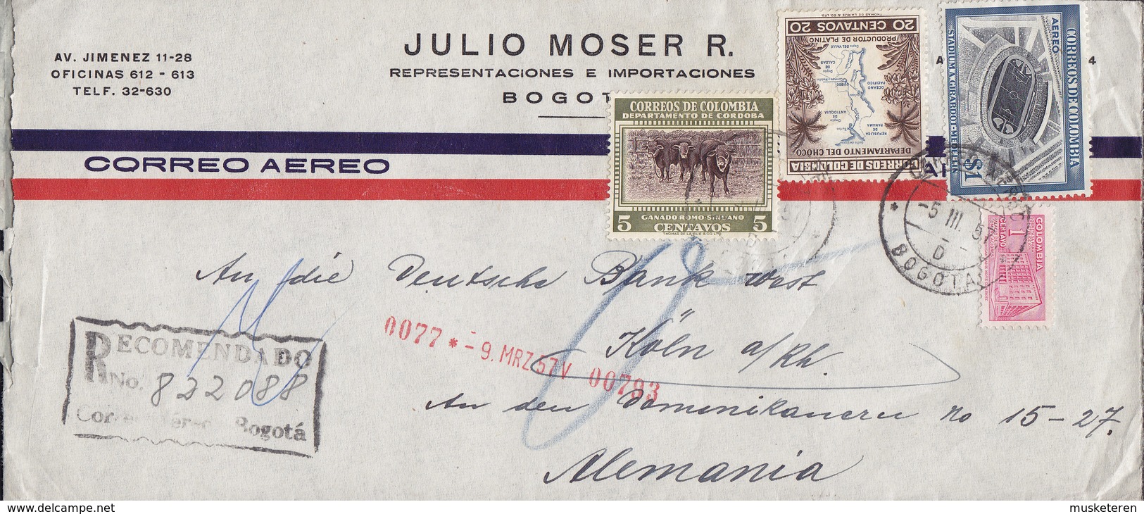 Colombia JULIO MOSER R. Registered Recomendado BOGOTA 1957 Cover Letra Germany Football Stadium Kuh Map Landkarte - Kolumbien