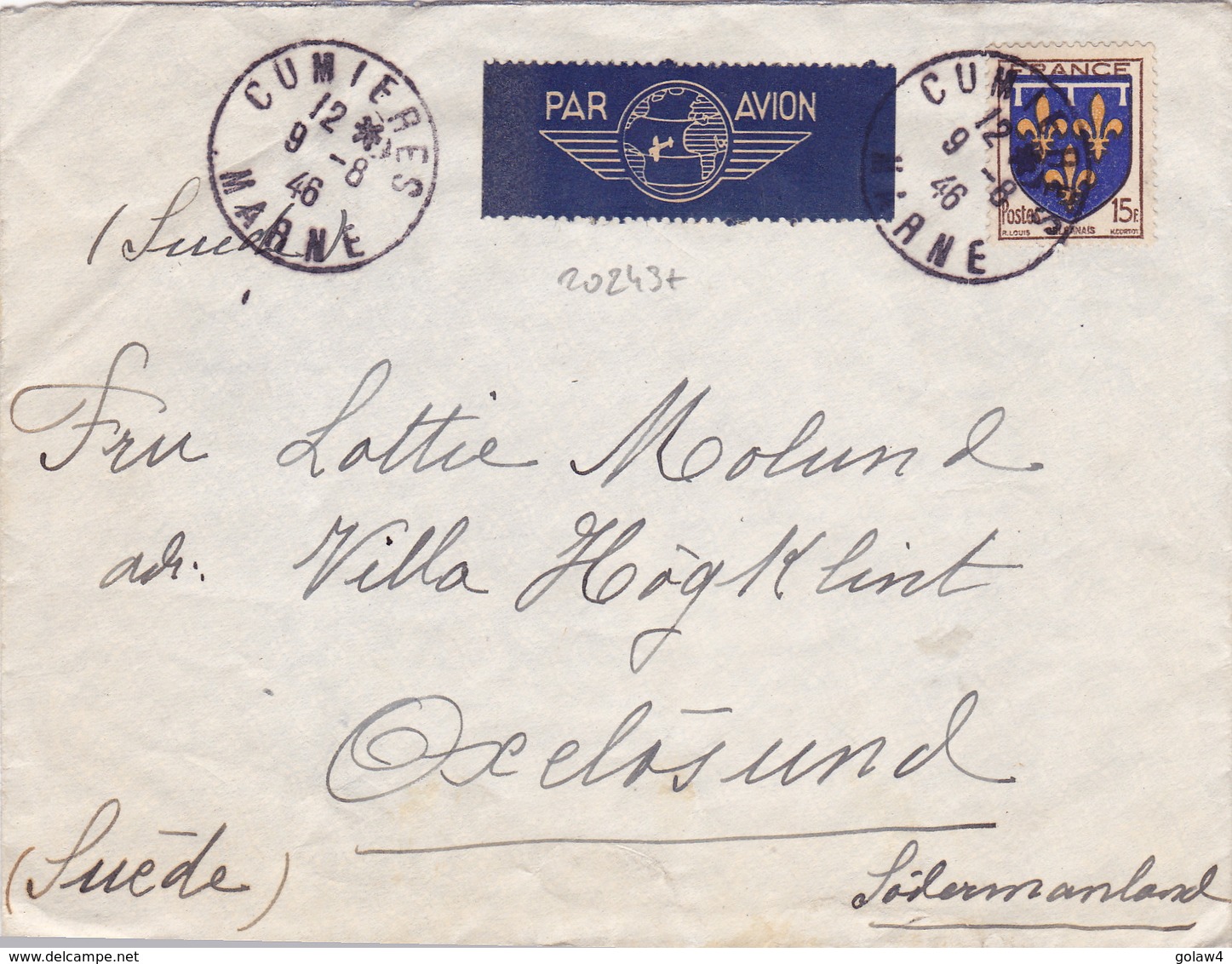 20243# BLASON ORLEANAIS SEUL LETTRE PAR AVION Obl CUMIERES MARNE 1946 Pour OXELÖSUND SUEDE SVERIGE SWEDEN - 1921-1960: Periodo Moderno