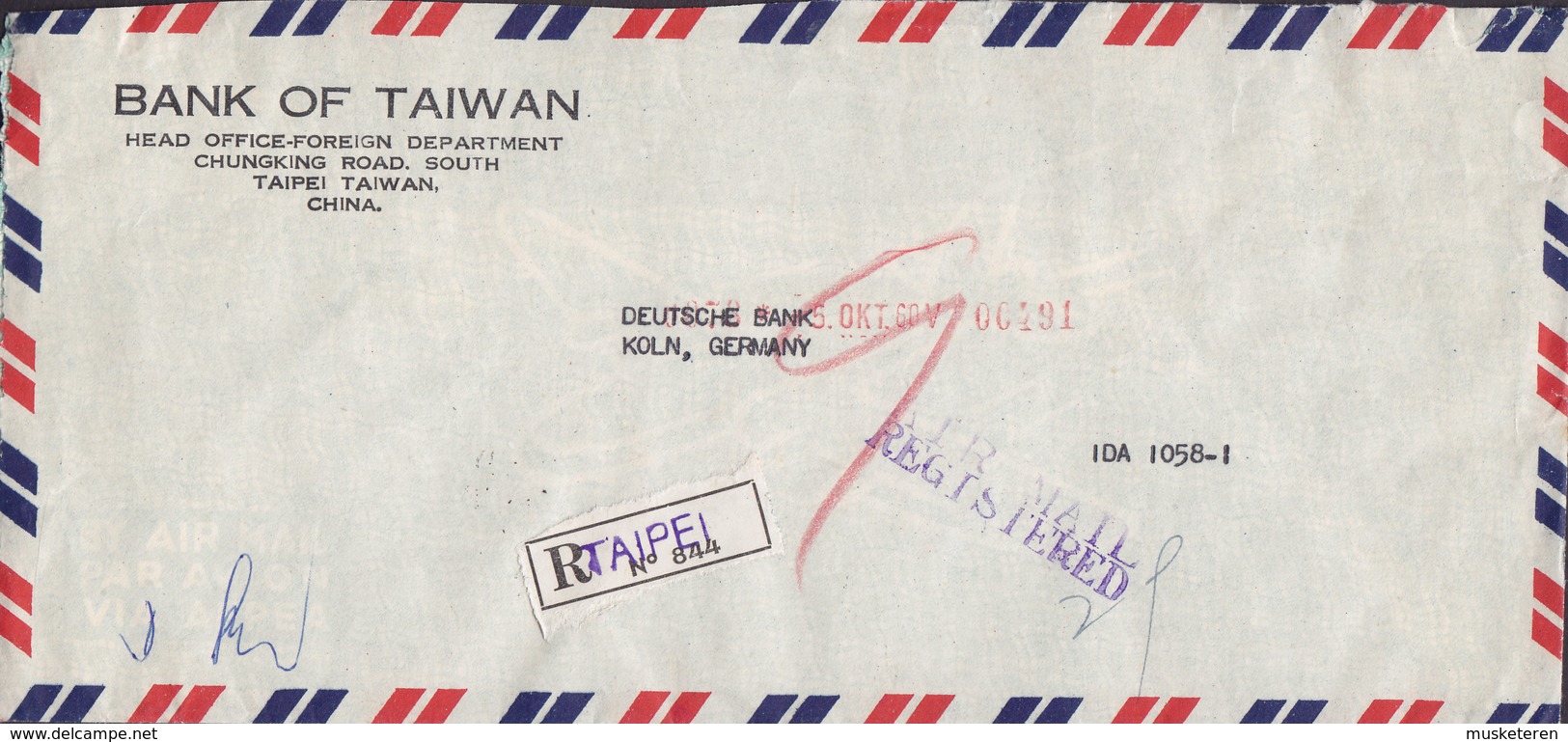 Taiwan BANK OF TAIWAN Air Mail Registered Einschreiben Label TAIPEI 1960 Cover Brief DEUTSCHE BANK, KÖLN Germany - Lettres & Documents