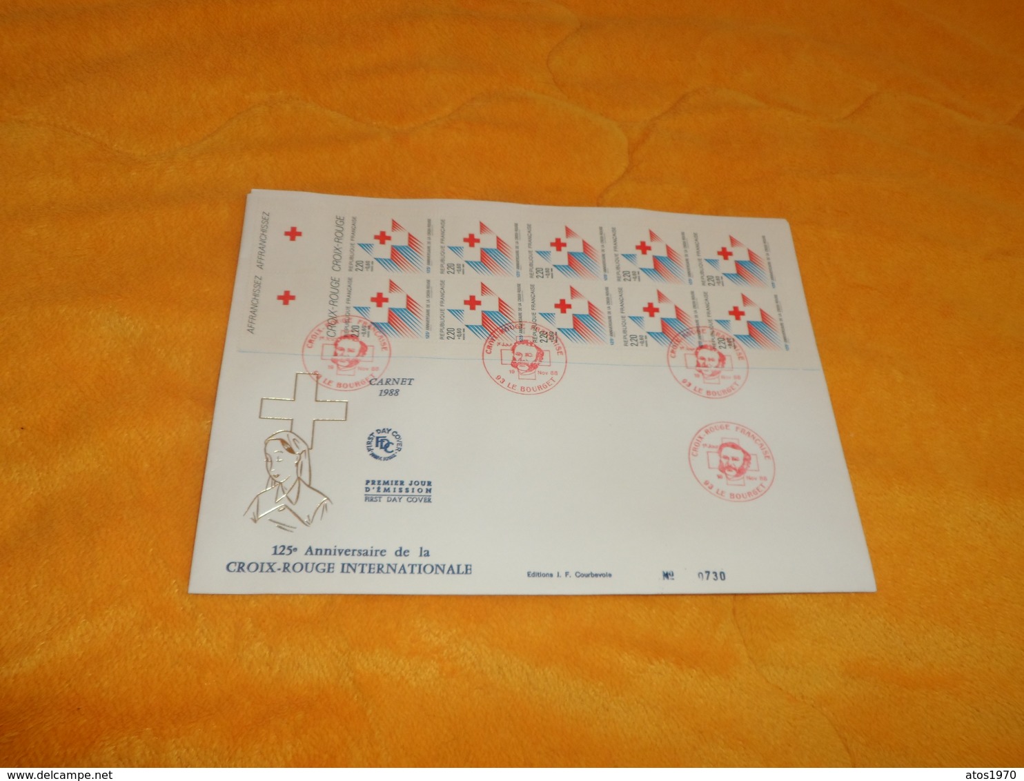 GRANDE ENVELOPPE FDC DE 1988.../. 125e ANNIVERSAIRE DE LA CROIX ROUGE INTERNATIONALE....CACHETS LE BOURGET + TIMBRES BAN - 1980-1989